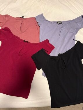 4 Express T-Shirt Bundle (XS) - Keyhole Crop Tops - Off Shoulder - Muted Colors